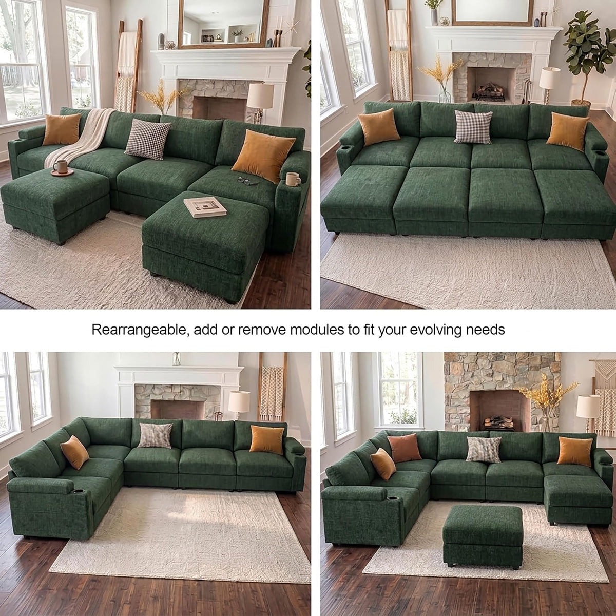 Sectional couches, Oversized Modular Cloud U Shaped Couch, FSC Certified Chenille, Removable Chaise Sofa (Green, U