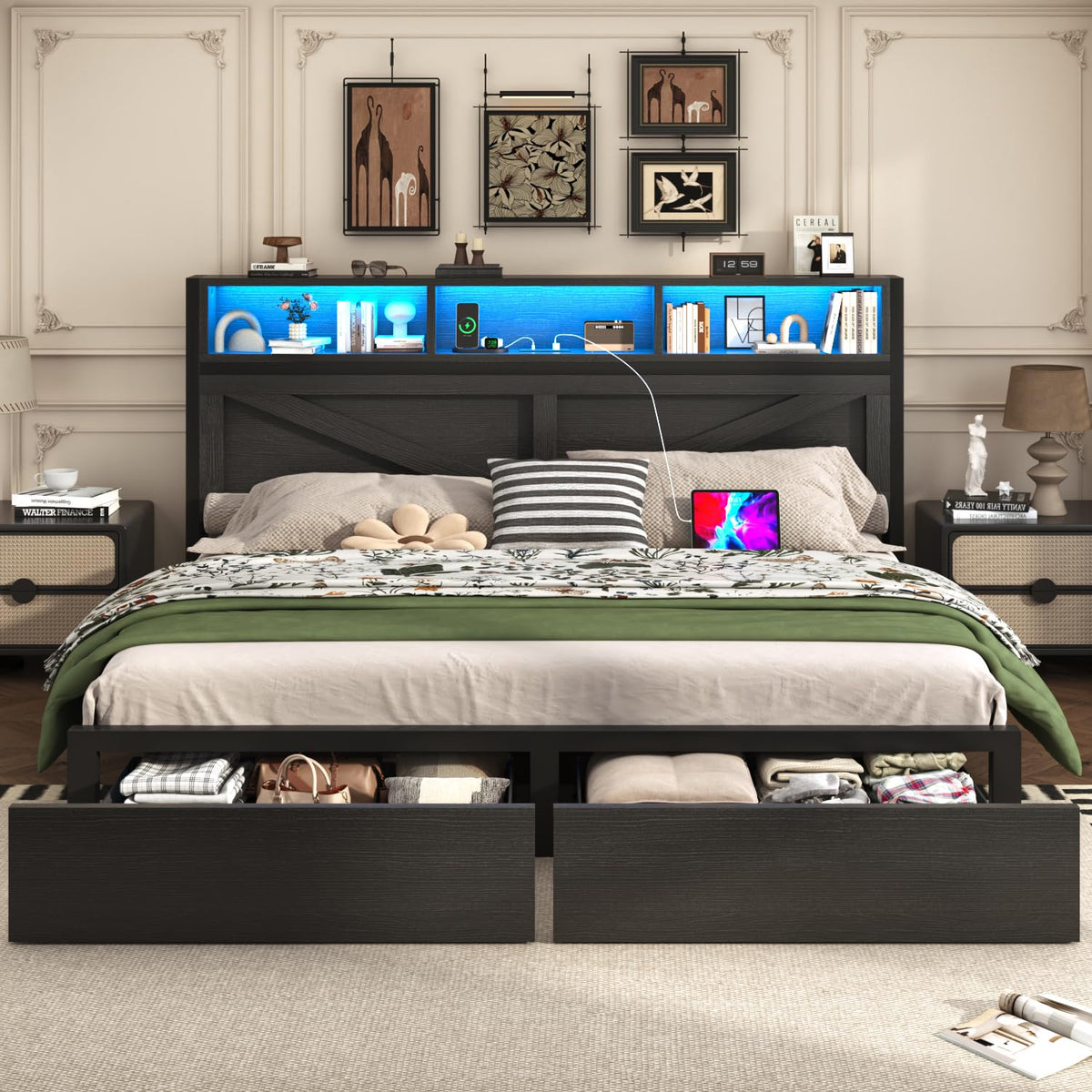 Farmhouse Bed Frame with Bookcase Storage Headboard, Charging Station, LED Light and 2 Storage Drawers, Noise