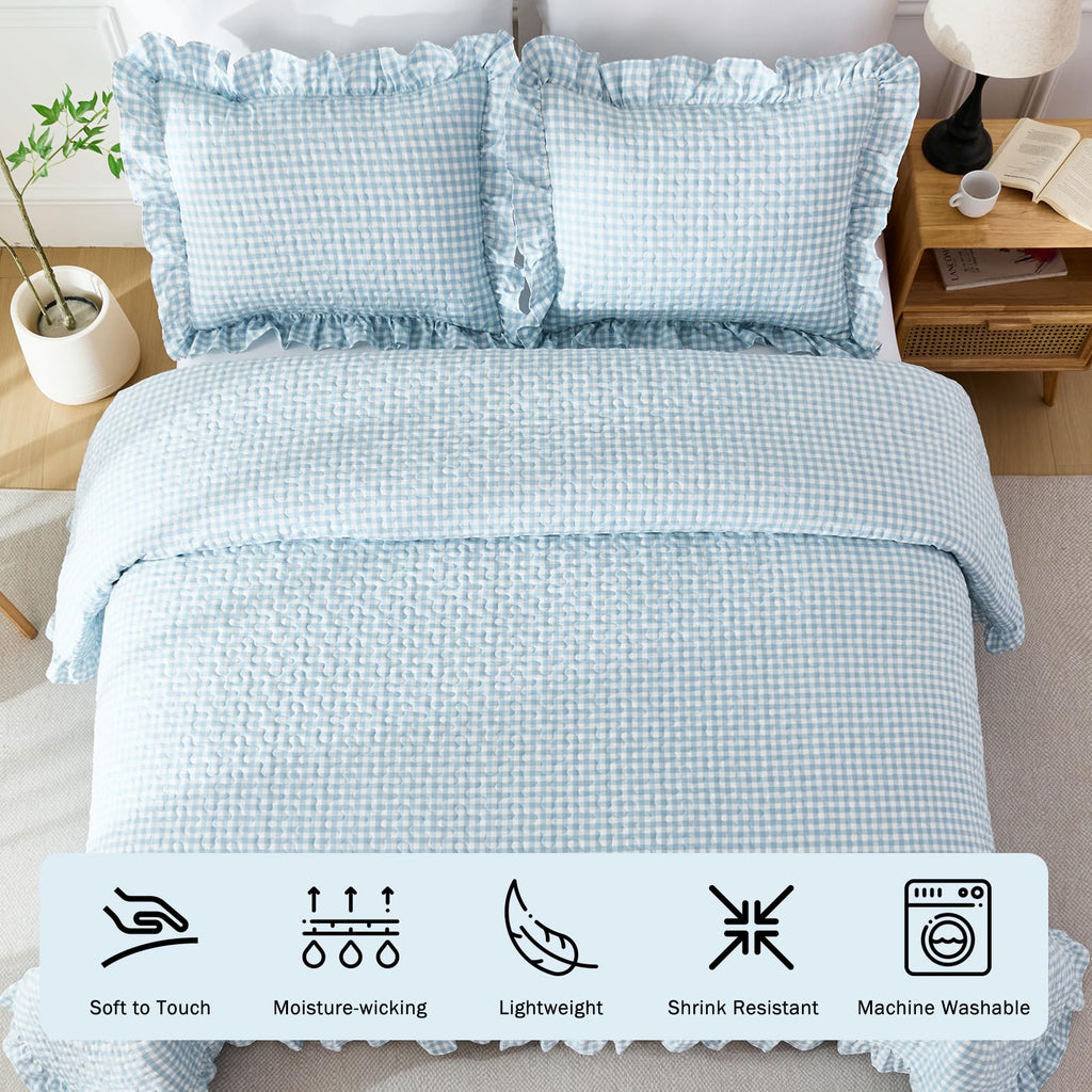 Gingham Quilt Set Light Blue Ruffled Summer Bedspread
