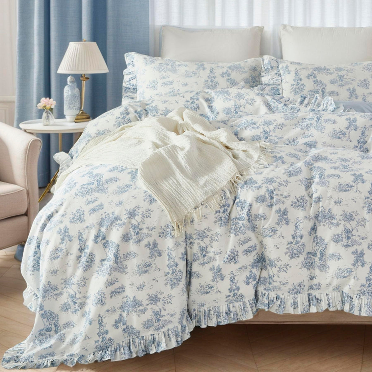 French Country Toile Queen Duvet Cover Set for Girl Women Bedroom Vintage Blue Toile Floral Print 100% Cotton Duvet