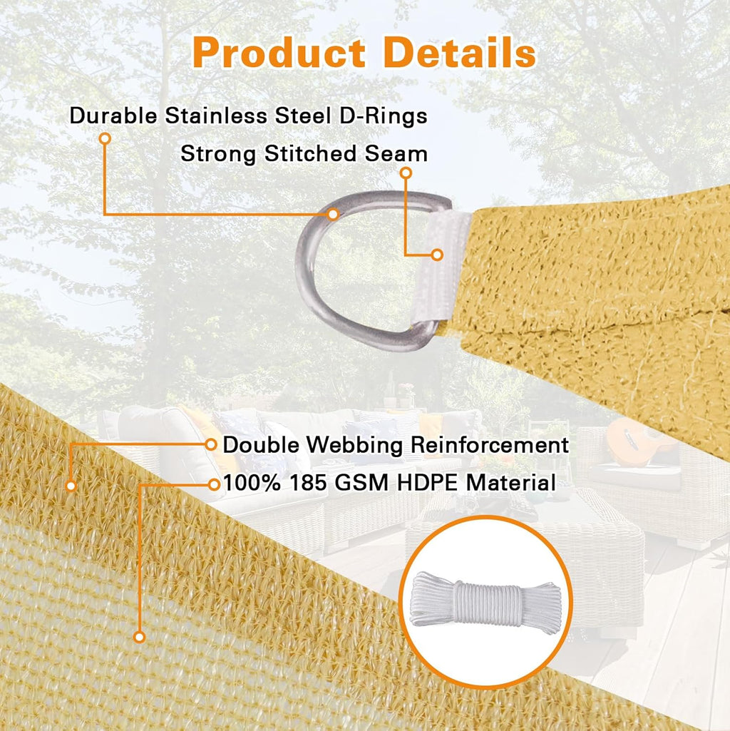 Sun Shade Sail, 13'X17' Sand Rectangle Curved Edged Sun Shade, Commercial Grade 185GSM HDPE UV Permeable Outdoor