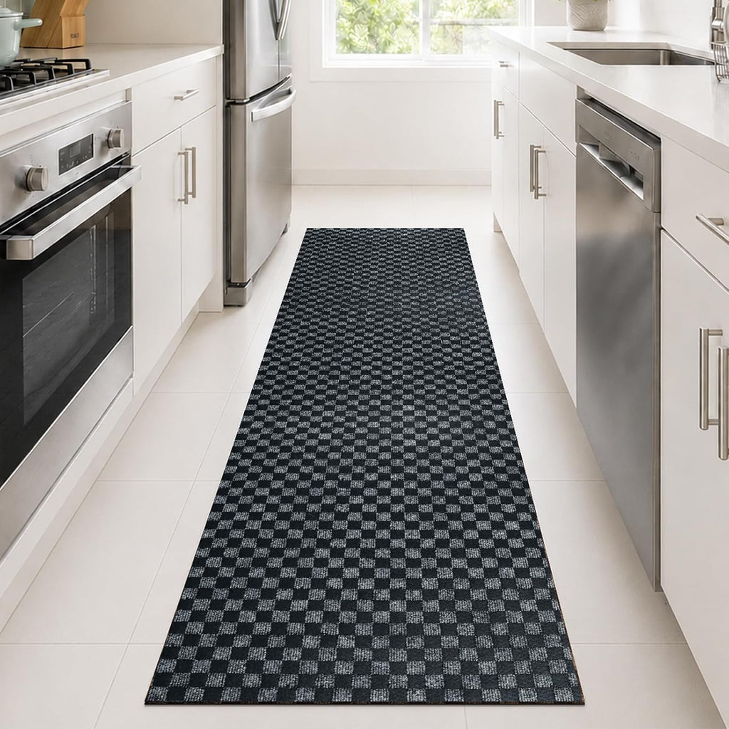 2x8 FT Non-Slip Kitchen Rugs with Rubber Backing, Black Check