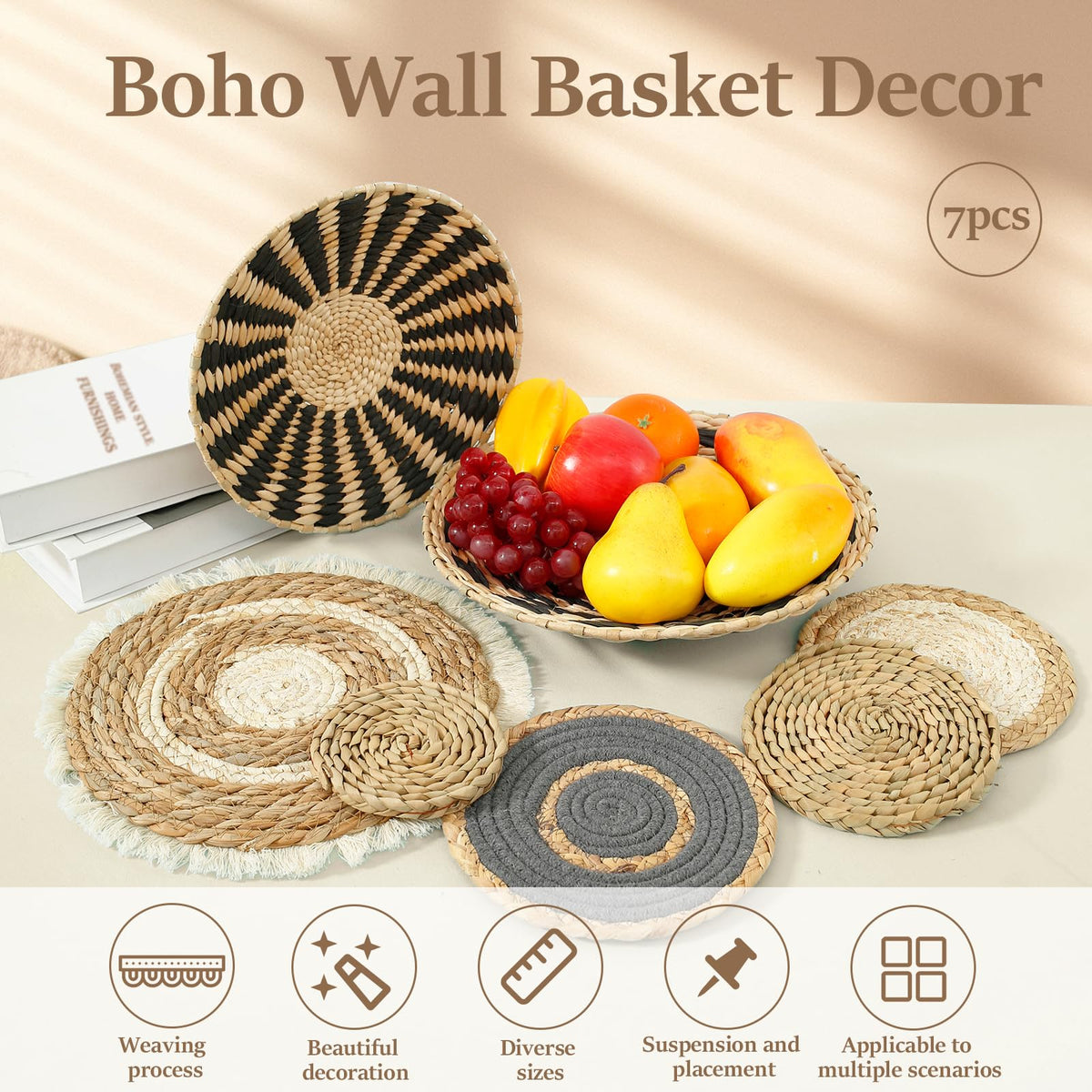7 Pack Boho Wall Basket Set, Hanging Woven Seagrass Rattan Wicker Decor, Round Art for Farmhouse Bedroom Living Room