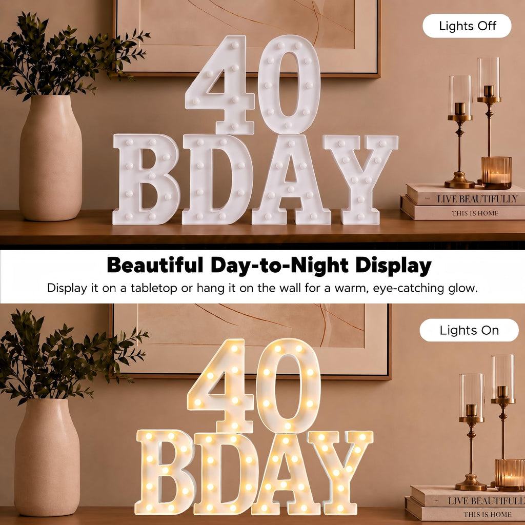 40th Birthday Decorations for Women and Men - 6 LED Long Marquee Light Up Letters '40 Bday' for Party Decor