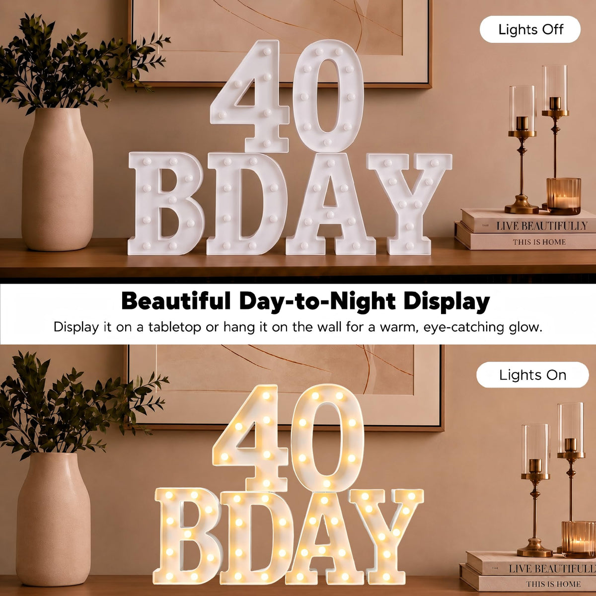 40th Birthday Decorations for Women and Men - 6 LED Long Marquee Light Up Letters '40 Bday' for Party Decor