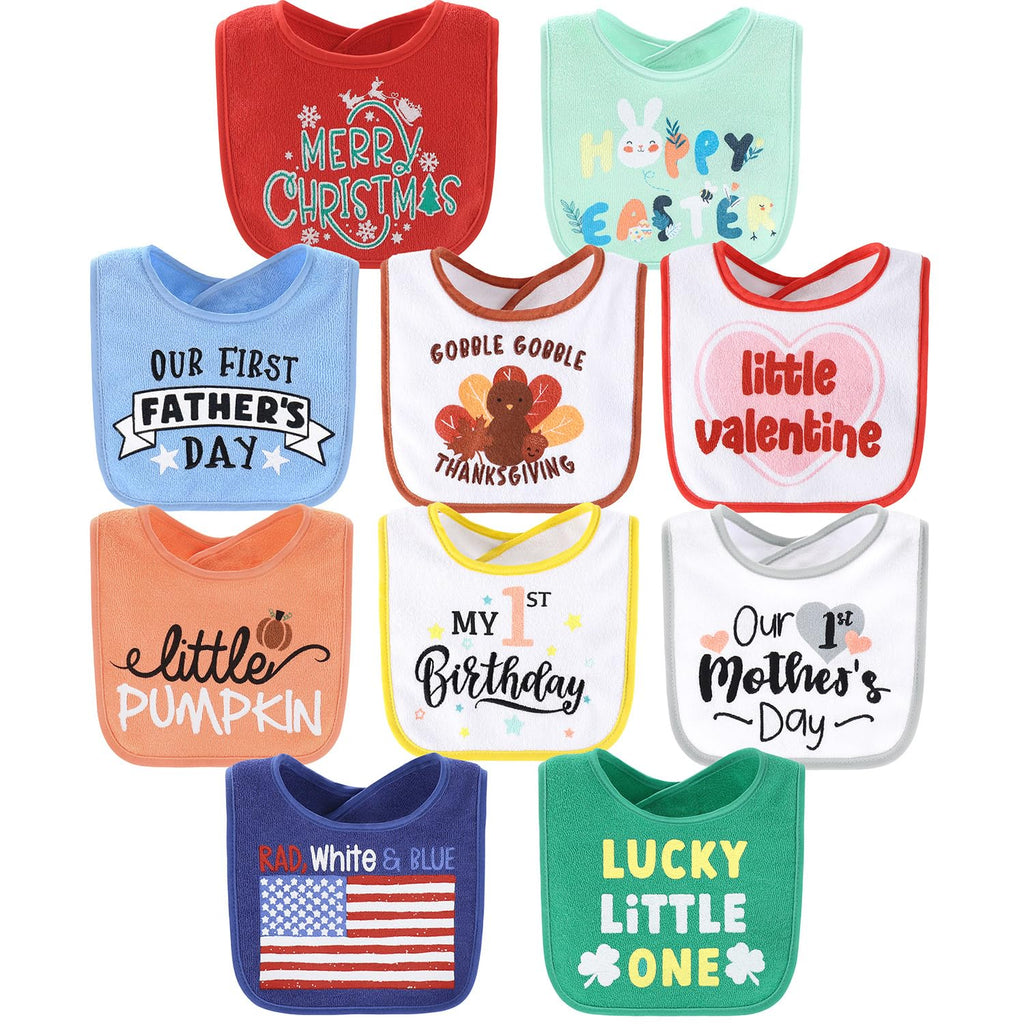 Baby Boy or Girl Terry Bibs Set of 10-100% Cotton, Soft, Absorbent Baby Bibs, Unisex Toddler Boy or Girl Set, Newborn