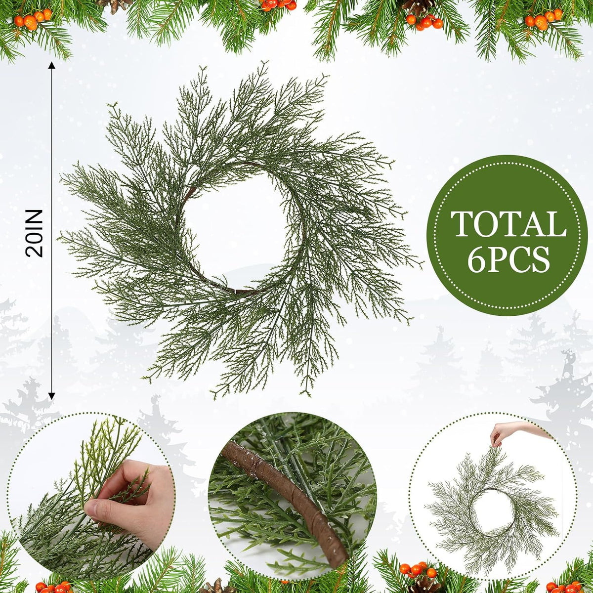 Christmas Pine Needles Placemats Set of 6 Artificial Wreath Charger