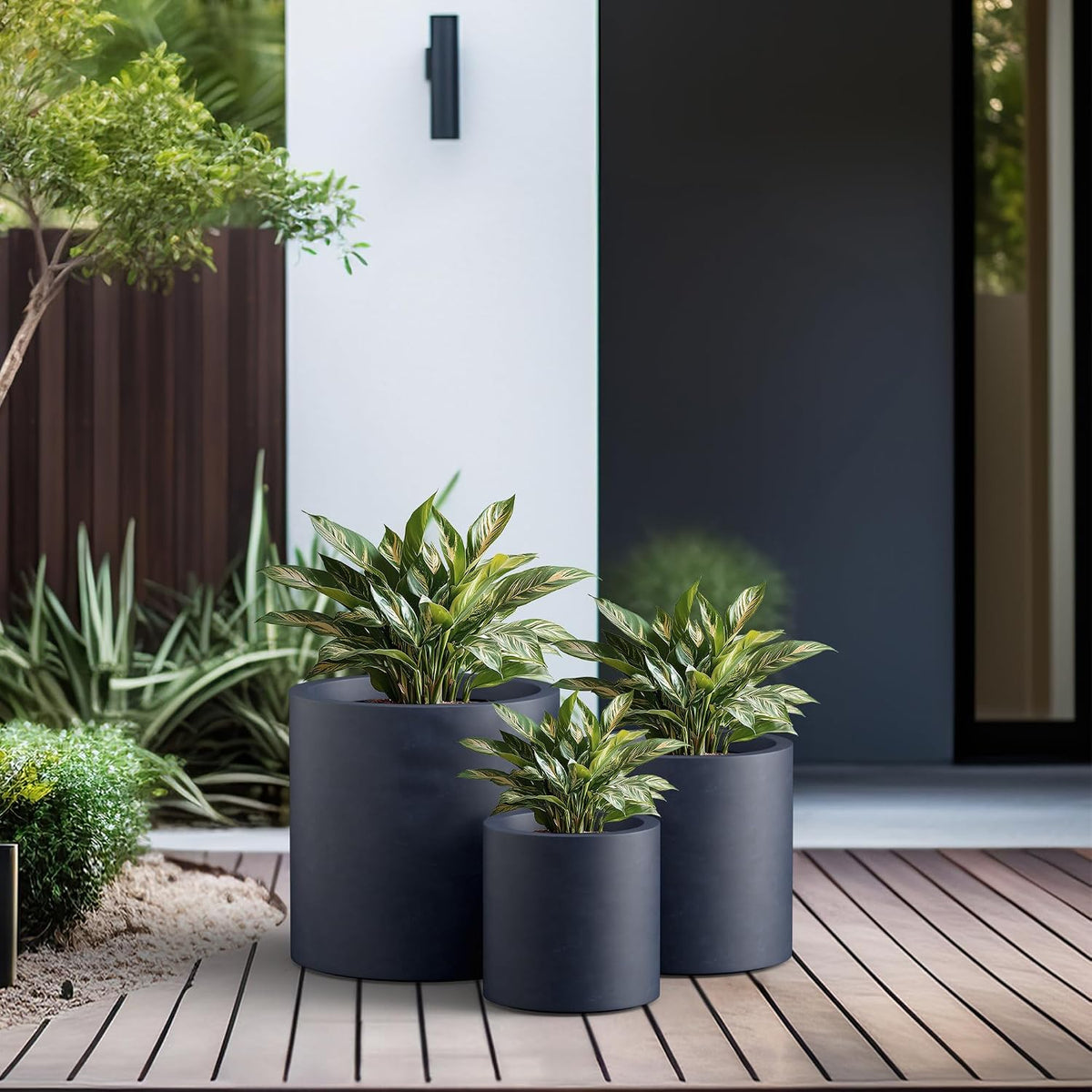 Set of 3 Charcoal Concrete Cylinder Planters 15.8" 12.9" 15.8" Dia | Drainage for Outdoor, Rubber Plug for Indoor