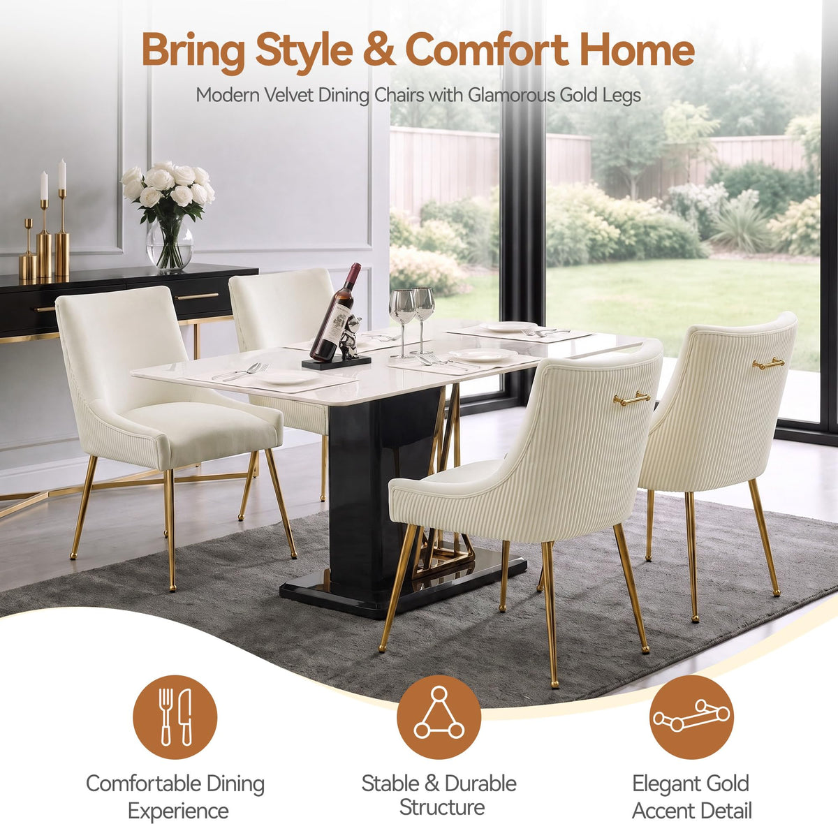 Velvet Dining Chairs Set of 6 Gold Legs, Upholstered Velvet Accent Chairs, Pleated Back Design & Gold Pull Handle, Mid
