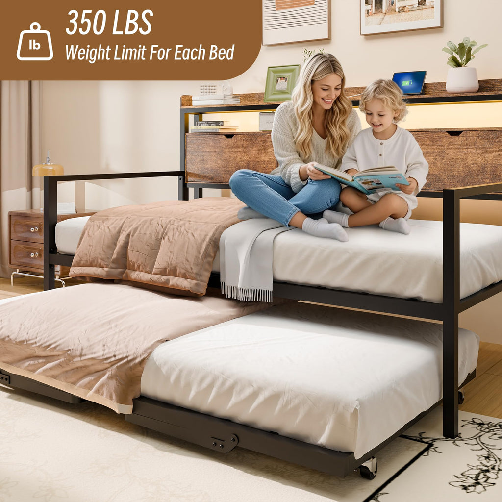 Twin Metal Daybed with Pop Up Trundle, Twin to King Expandable Bed Frame with Storage Headboard & Charging Station