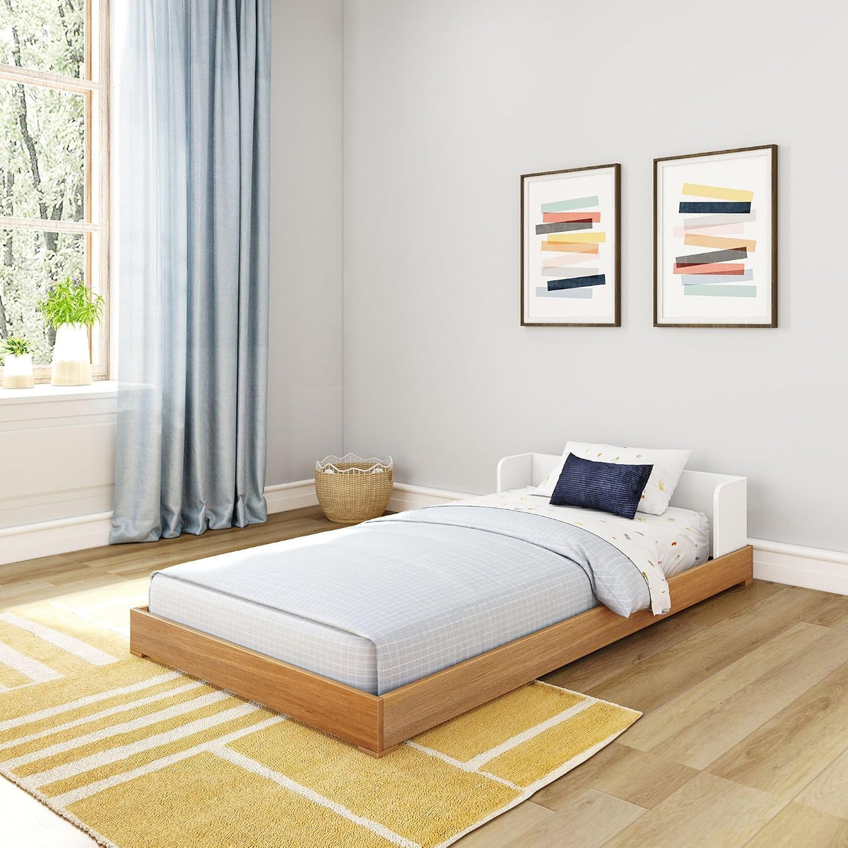 Mid-Century Modern Floor Bed, White/Pecan