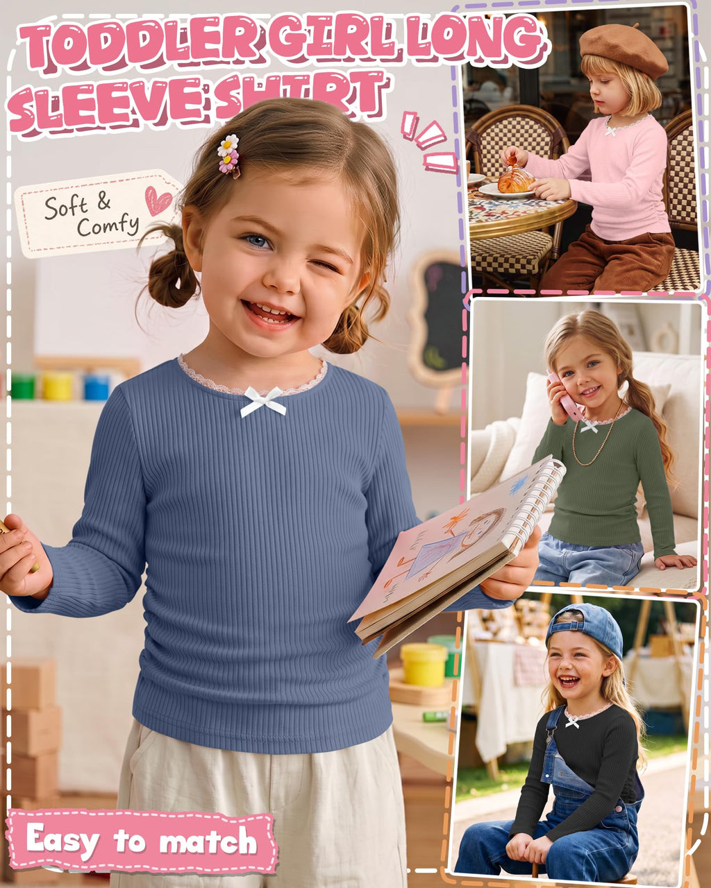4 Pack Toddler Girl Long Sleeve Shirts Crewneck Top 4Color