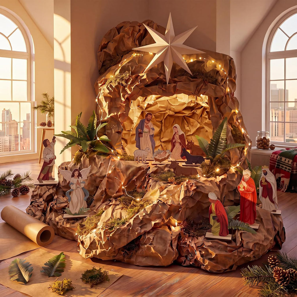 Nativity Scene Wall Decor Kit, 13 Wooden Figures with LED Lights