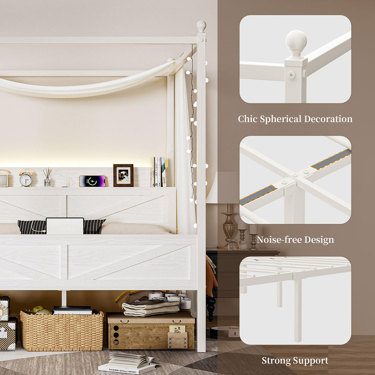 Canopy Bed Frame with Barn Storage Headboard, Beige