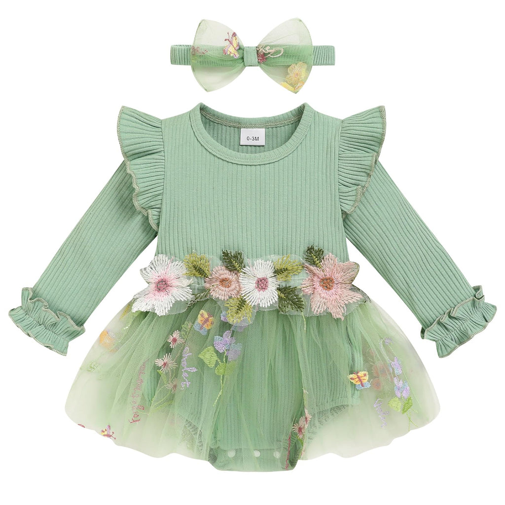 Baby Girl Romper Dress Tulle Skirt Bodysuit with Headband for Infants