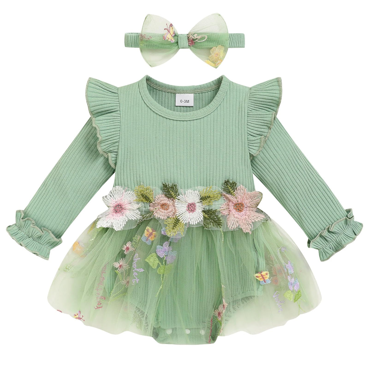 Baby Girl Romper Dress Tulle Skirt Bodysuit with Headband for Infants