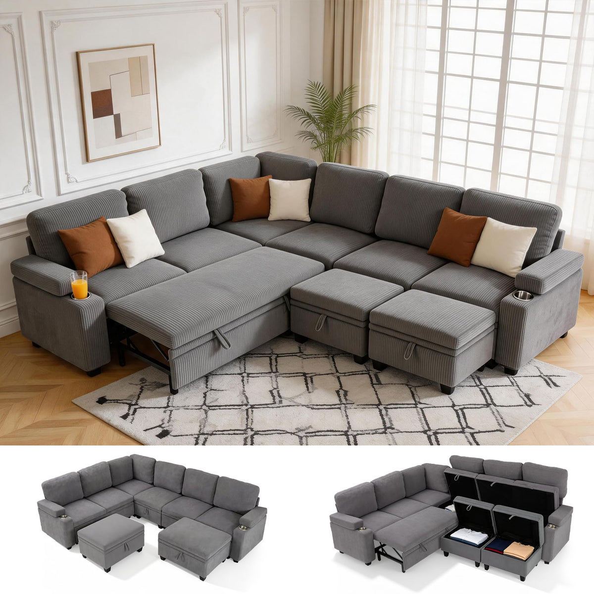 108" Modular Sectional Sofa Bed with Cup Holders, L-Shaped Pull Out Couch