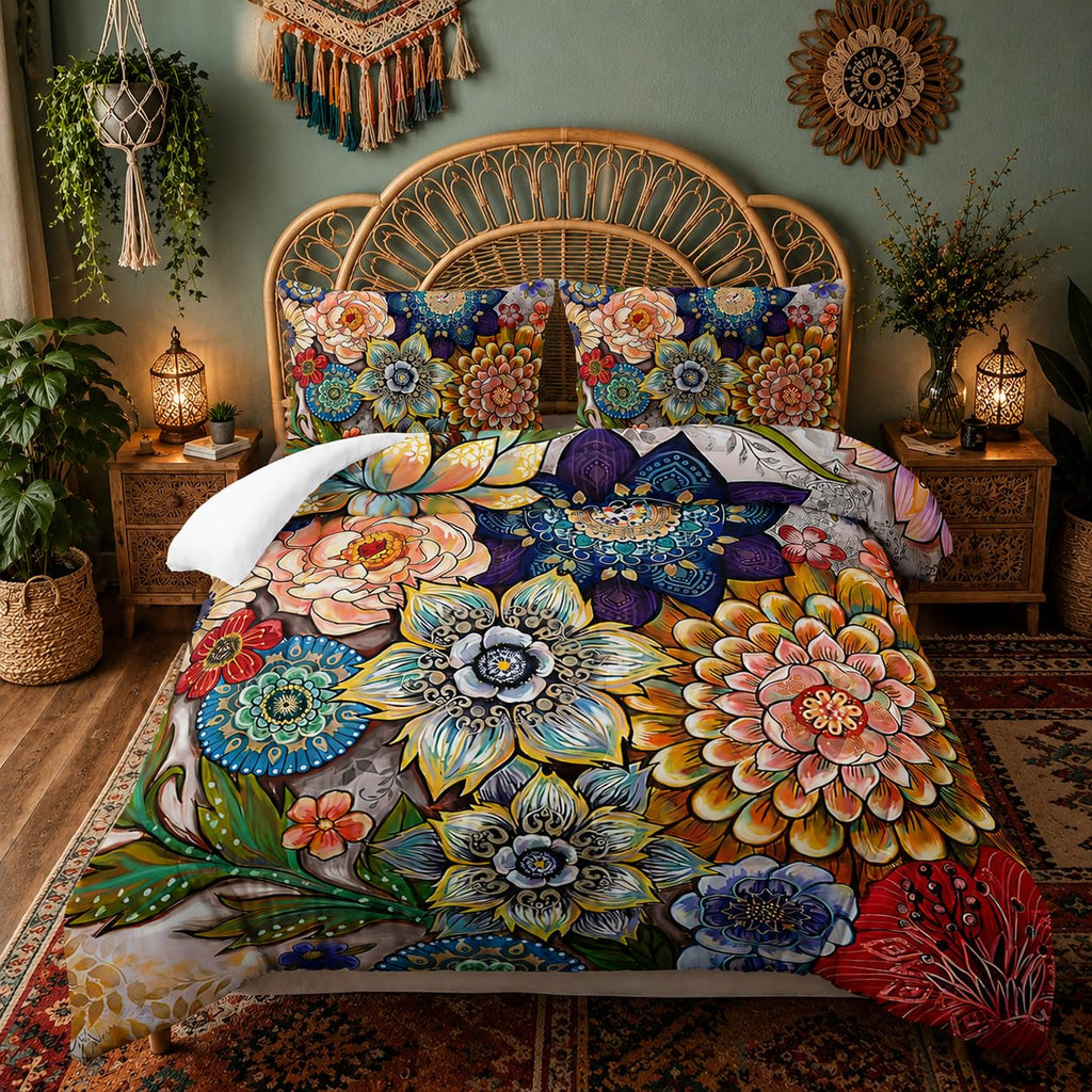 3 Piece Boho Floral Bedding Set, Colorful Flowers Comforter Set, Bohemian Reversible Down Alternative Bed Sets, Twin