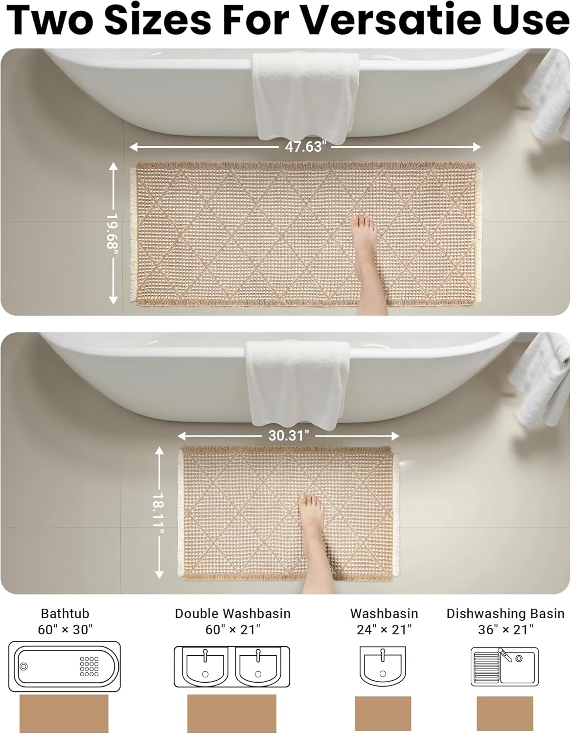 Waffle Bath Mat Set, Non Slip Bathroom Rugs 2 Piece, Brown & White | Ultra Absorbent Long Bath Rug Runner Boho Chic