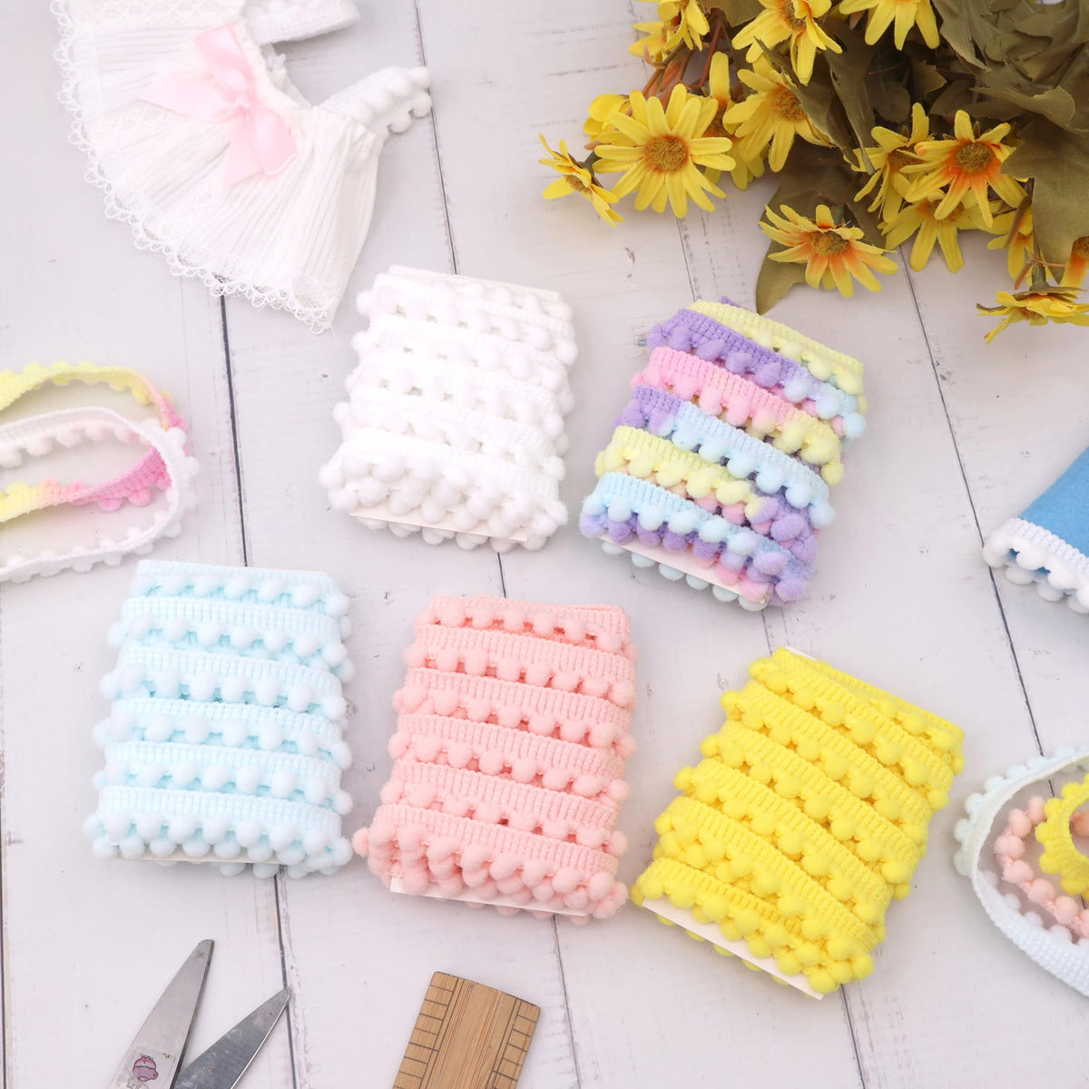 Mini Pom Pom Trim, 3/8 inch Tiny Edge Trim Narrow Ball Fringe Ribbon Decoration for DIY Crafts Doll Clothes - 10 Yards