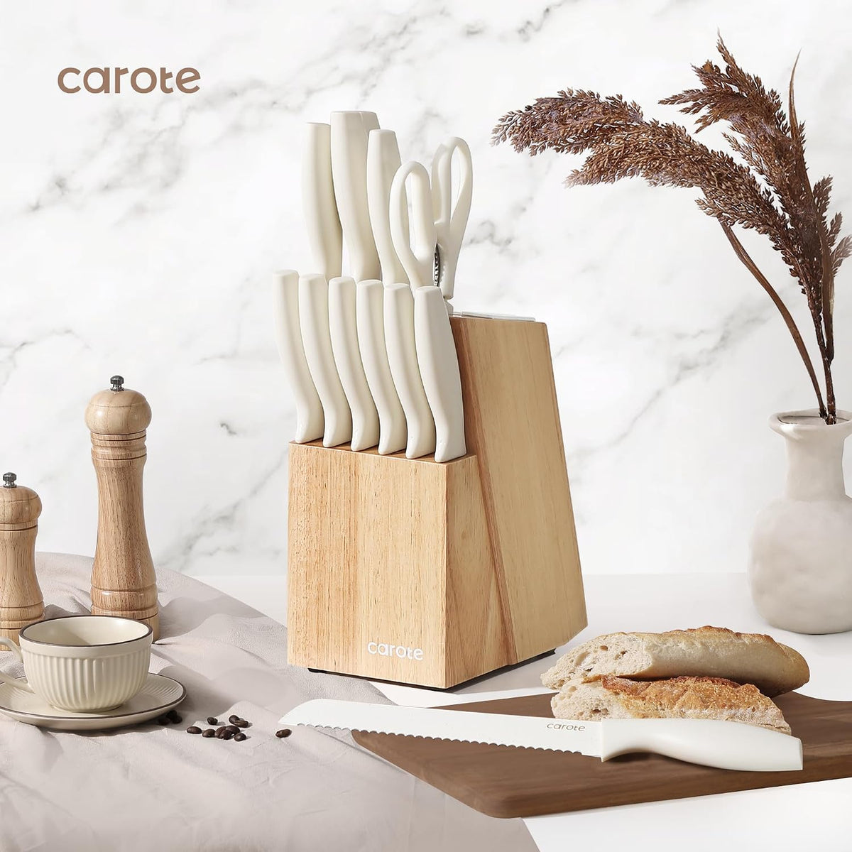 15-Piece Knife Set, Wood Block with Built-In Sharpener, Cream | Stainless Steel Knives, Ceramic Nonstick Coating