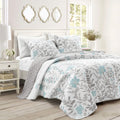 Aprile Reversible Floral Quilt 3 Piece Set, Blue & Gray - Bedding Set - Floral Quilt - Cottage