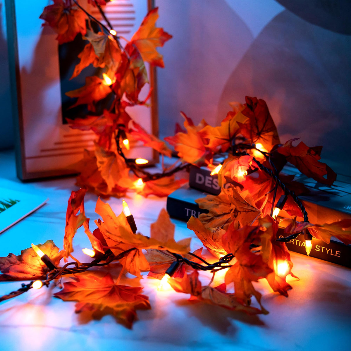 Fall Decorations - 9FT Fall Garland with Lights 50 Orange Lights