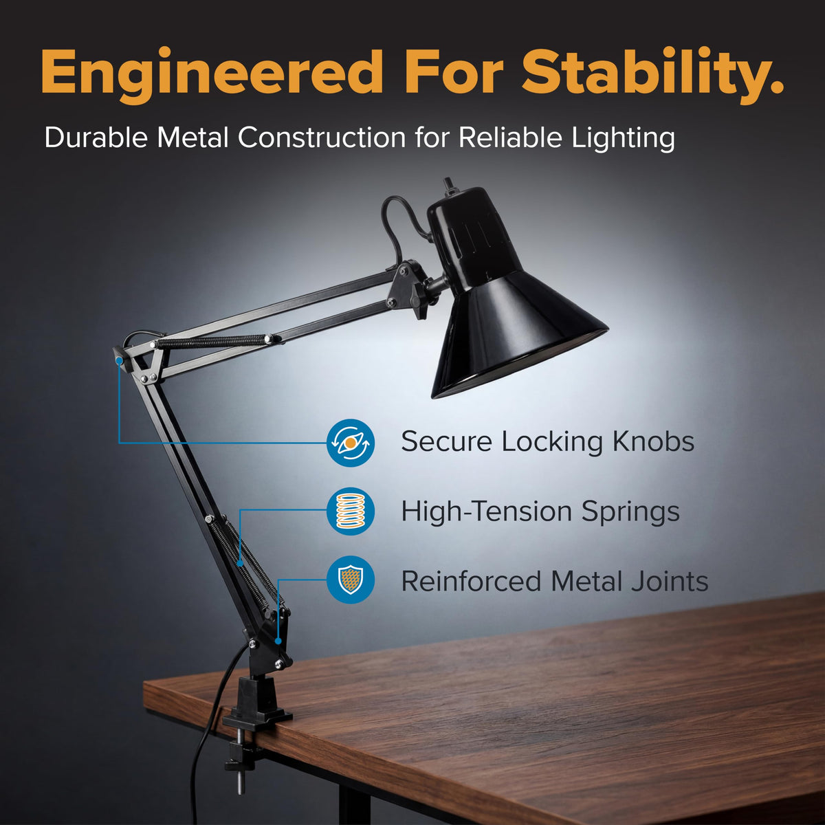 Office VLF100 LED Swing Arm Desk Lamp with Clamp Mount, 36" Reach, Includes LED Bulb,Black