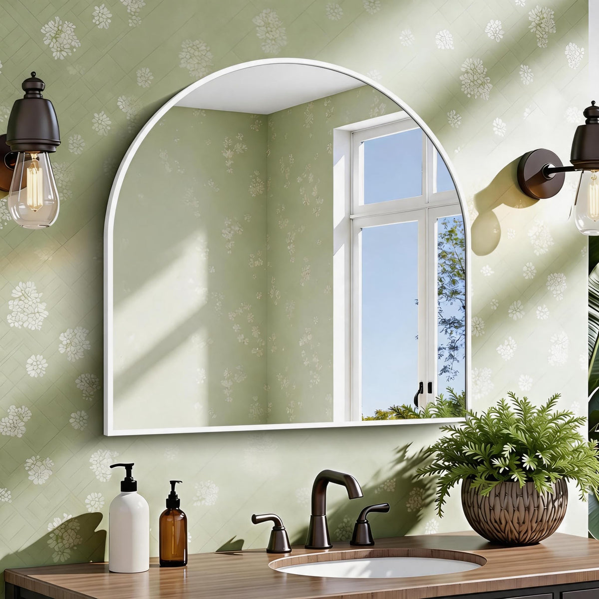 Arched Wall Mirror, 30"x30" White Arched Mirror Table