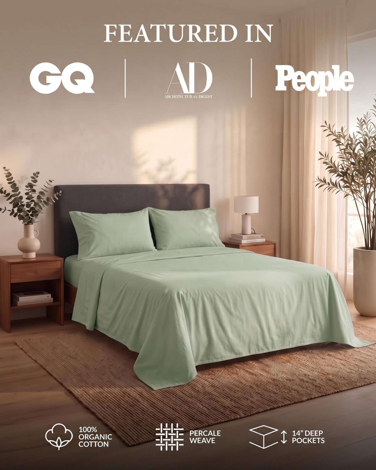 Sheet Set 100% Organic Cotton Percale Cooling - Mineral