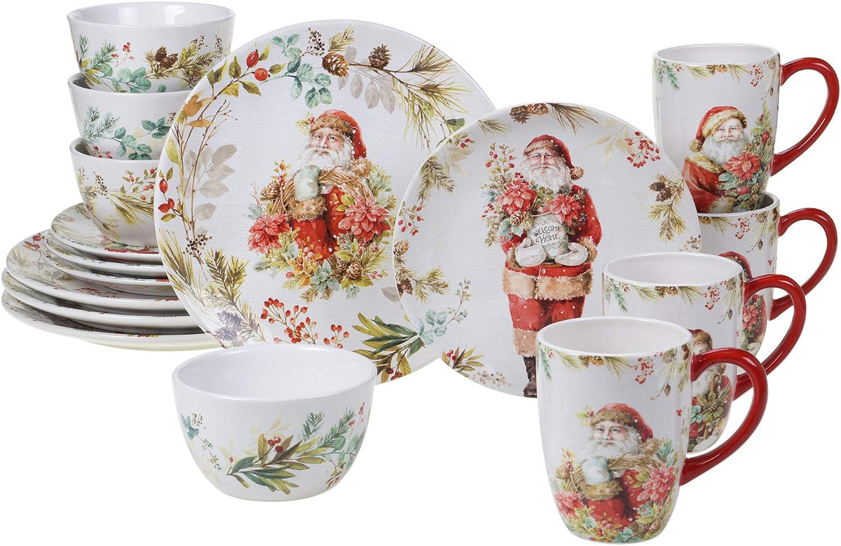 Christmas Story 16pc Dinnerware Set - Service for 4 with Santa Plates, Bowls & Mugs - Vintage Holiday Ceramic Set