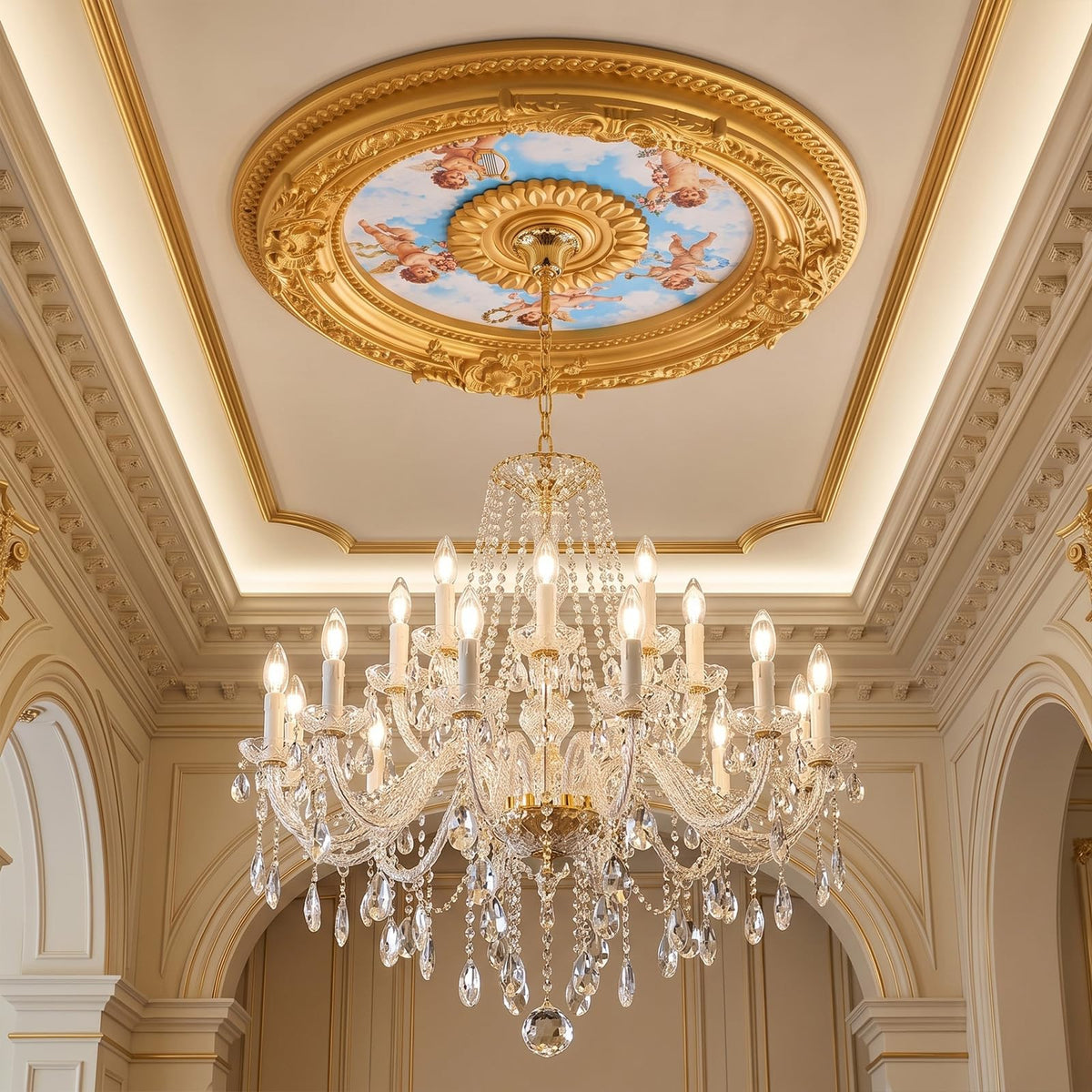 24" OD X 2.36" ID Gold Ceiling Medallion, Round Cherubs Sky