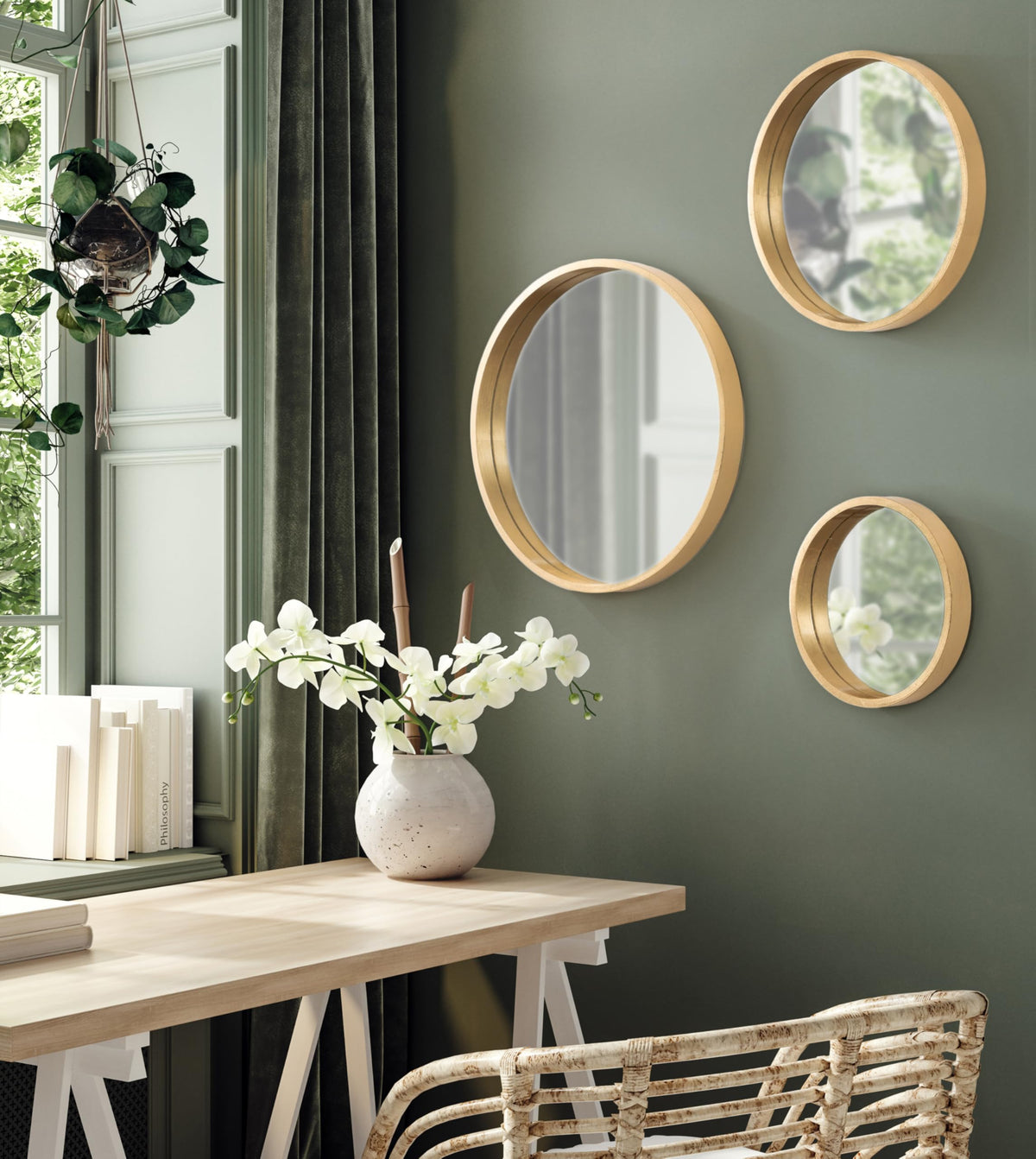 Travis Modern Round Wall Mirror Set; Set of 3; Varying Sizes; Gold; Decorative Three-Piece Circle Mirror Set for Use