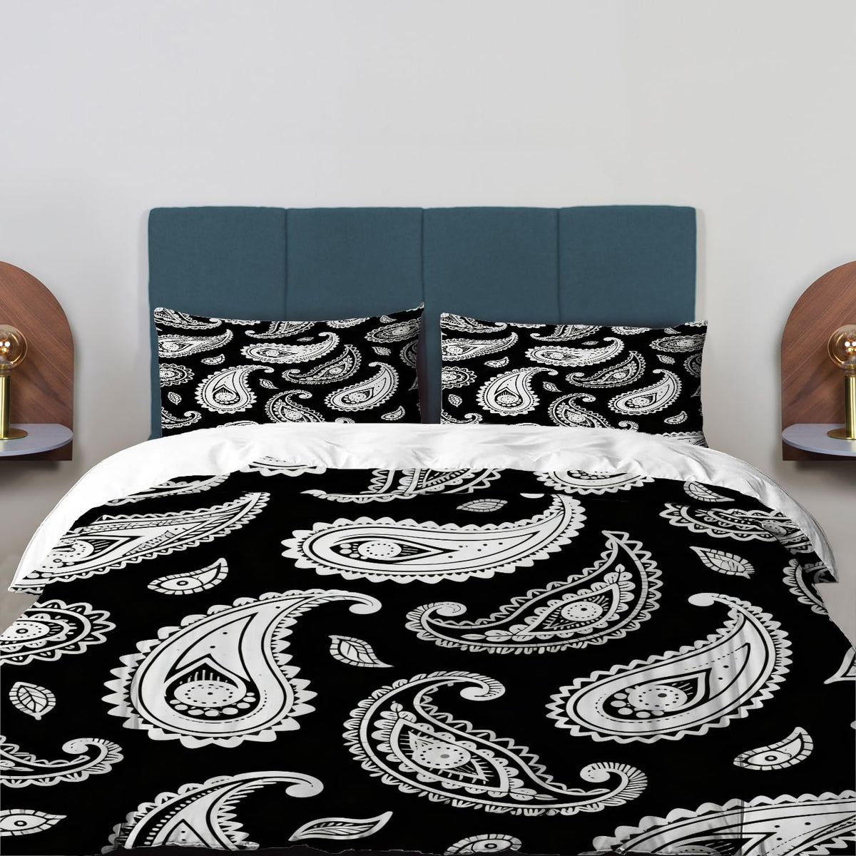 Black Paisley Floral Duvet Cover Set, 3 Pieces Bandana Silk Neck Scarf Kerchief 100% Cotton Bedding Set