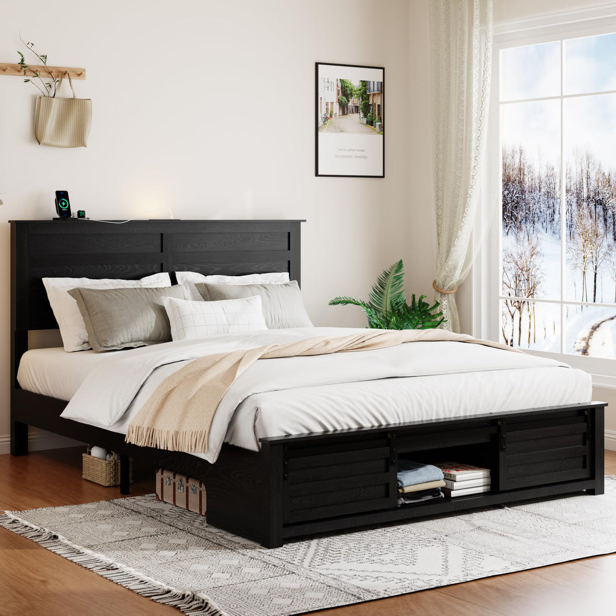 Wooden Bed Frame with Rustic Headboard Storage Bed Frame