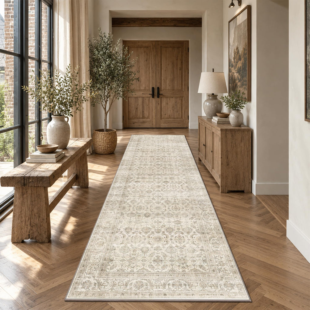 3x10 Neutral Beige Soft Low Pile Non Slip Machine Washable Runner Rug