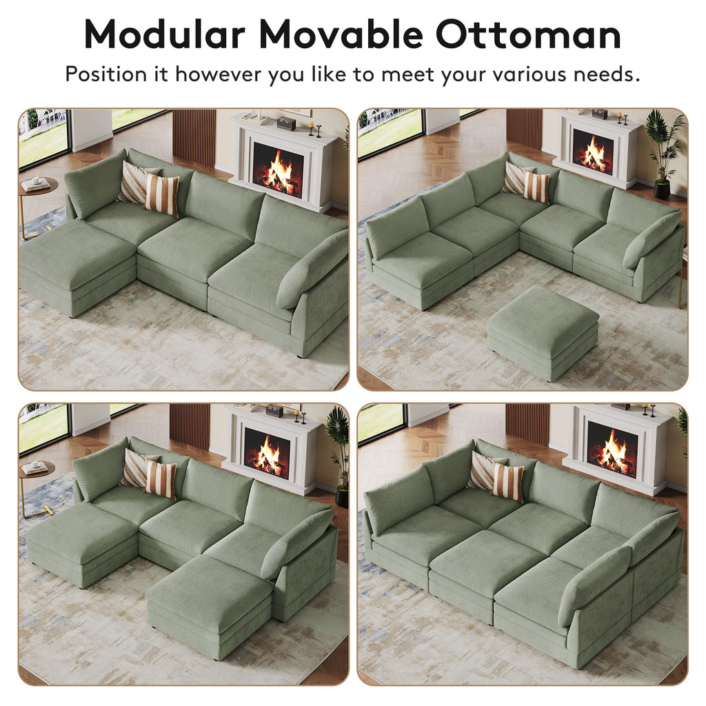 98" Large Cloud Modular Sectional Sofa with Ottoman, Sage Chenille