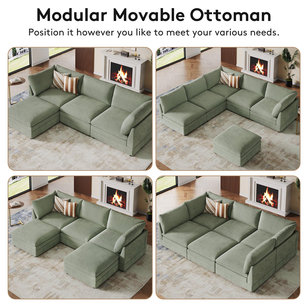 98" Large Cloud Modular Sectional Sofa with Ottoman, Sage Chenille