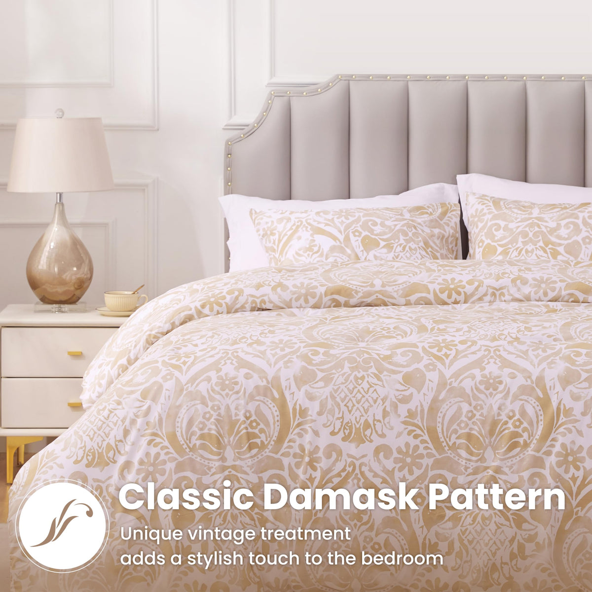 Cotton, Damask, Queen Comforter Set, 3 PCS, Bronze Damask