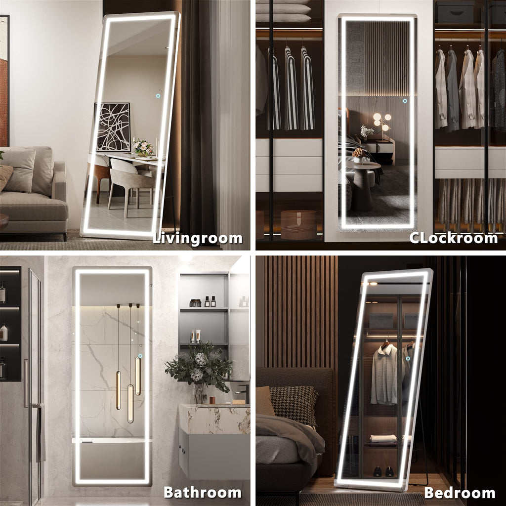 Full Length Mirror with Lights, 65" x 22" LED Floor, Full Body Dressing Standing, Hanging Mounted Mirror, Round White