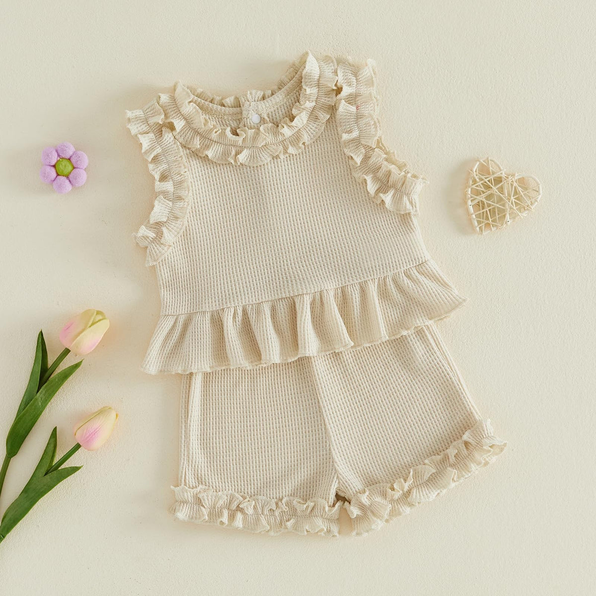 Toddler Baby Girl Summer Clothes Waffle Ruffle Sleeveless Tank Tops and Shorts Set 2 Piece Outfits Girls Clothing