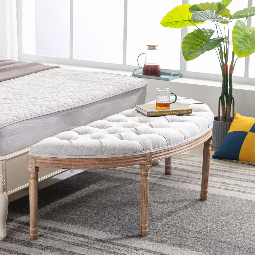 55" Halfmoon Entryway Bench Tufted Semi Circle Ottoman Bench Seat French Style Upholstered Bed End Bench for Foyer