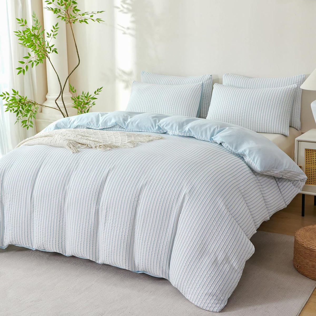 Striped Duvet Cover King Size - 3 Pieces Washed Microfiber Jacquard Duvet Cover Set, Striped Bedding Comforter Cover