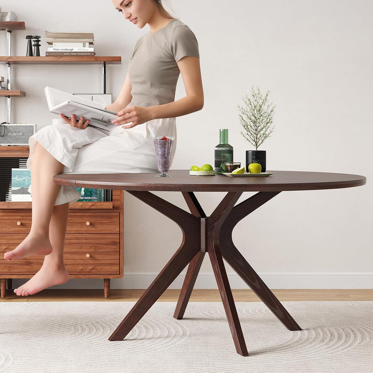 47.2" Solid Wood Round Dining Kitchen Table for 4-6 People with Intersecting Pedestal Base