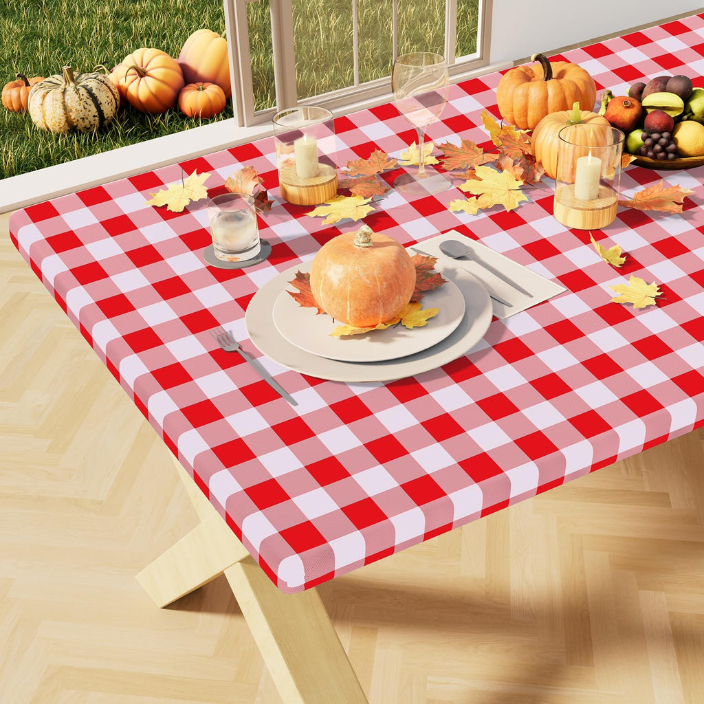Buffalo Rectangle Picnic Tablecloth, 6 Foot Elastic Fitted Vinyl Table Cloth with Flannel Backing, Waterproof Plaid