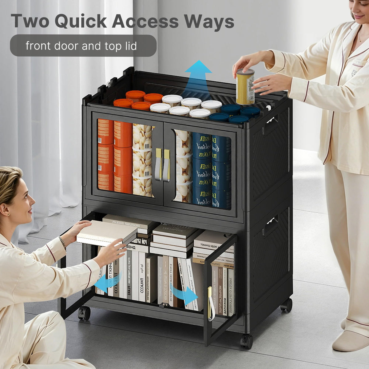 Stackable Storage Bins with Lids, Clear Doors, Large Storage Cabinet Foldable Collapsible Closet Organizers Dorm