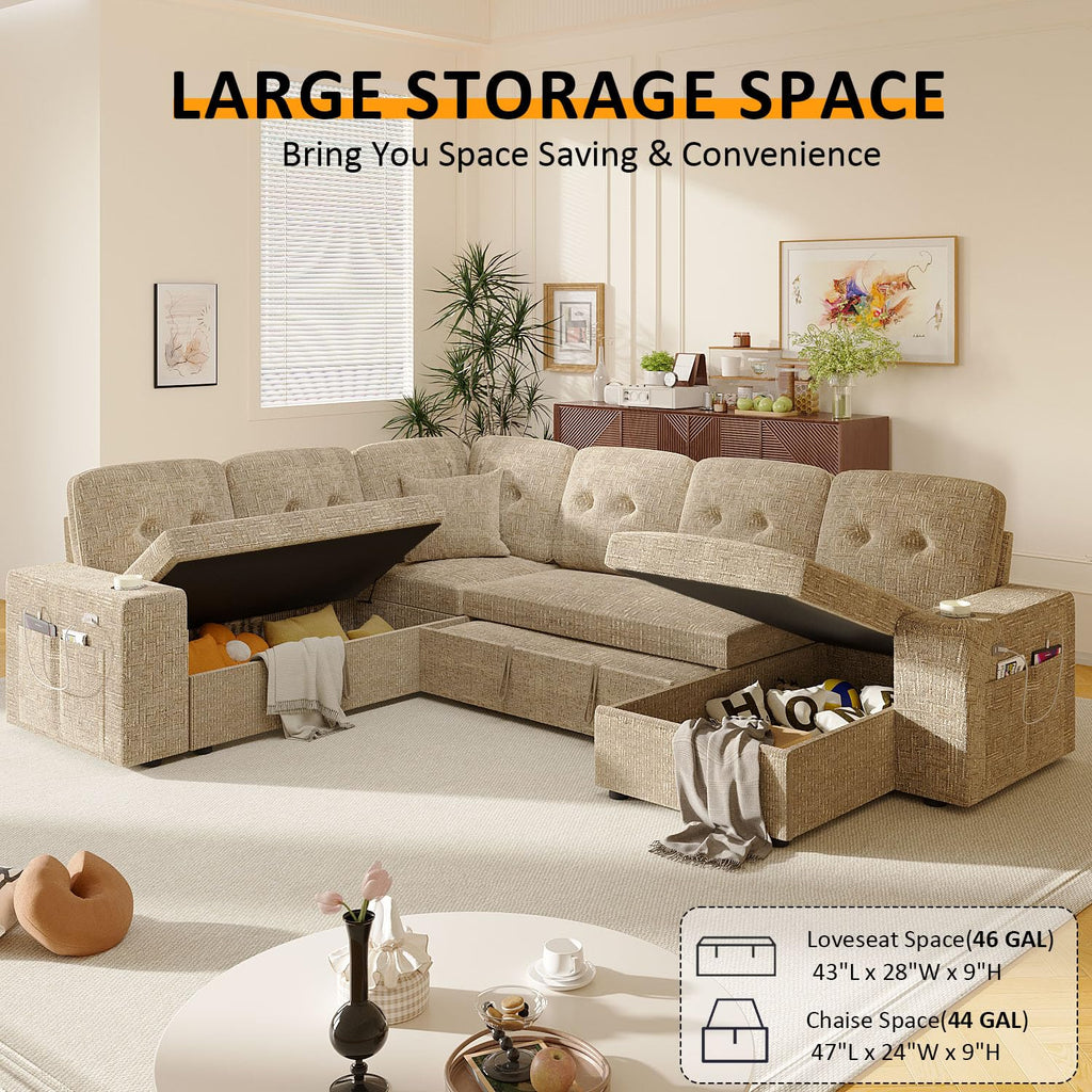 Modular Sectional Sleeper Sofa with Pull Out Bed, 108 Inch U Shaped 7 Seat Couches, Chenille Fabric Cloud Couch Bed
