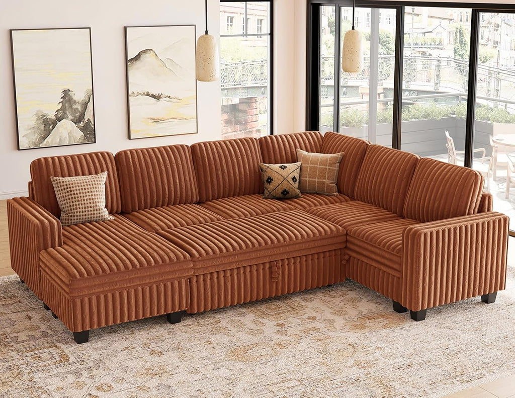 Corduroy Sleeper Sofa Bed with Storage Chaise Modular Sectional Sofa Couch with Pull Out Bed L Shaped