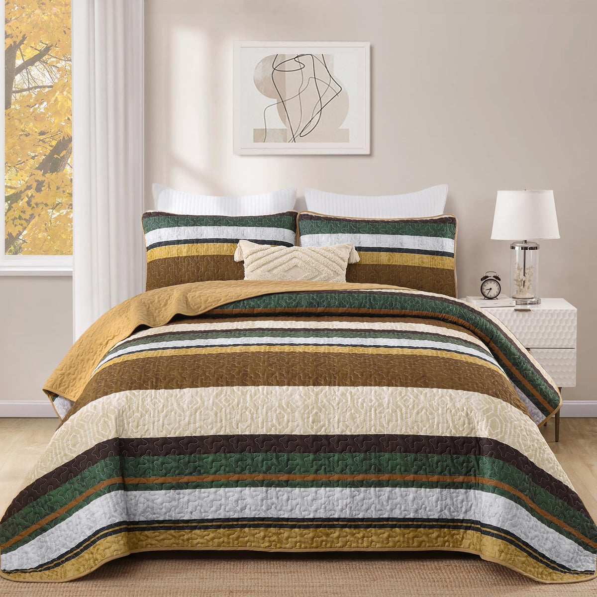 Stripe Quilt Bedding Set, Boho Brown Lightweight Bedspread
