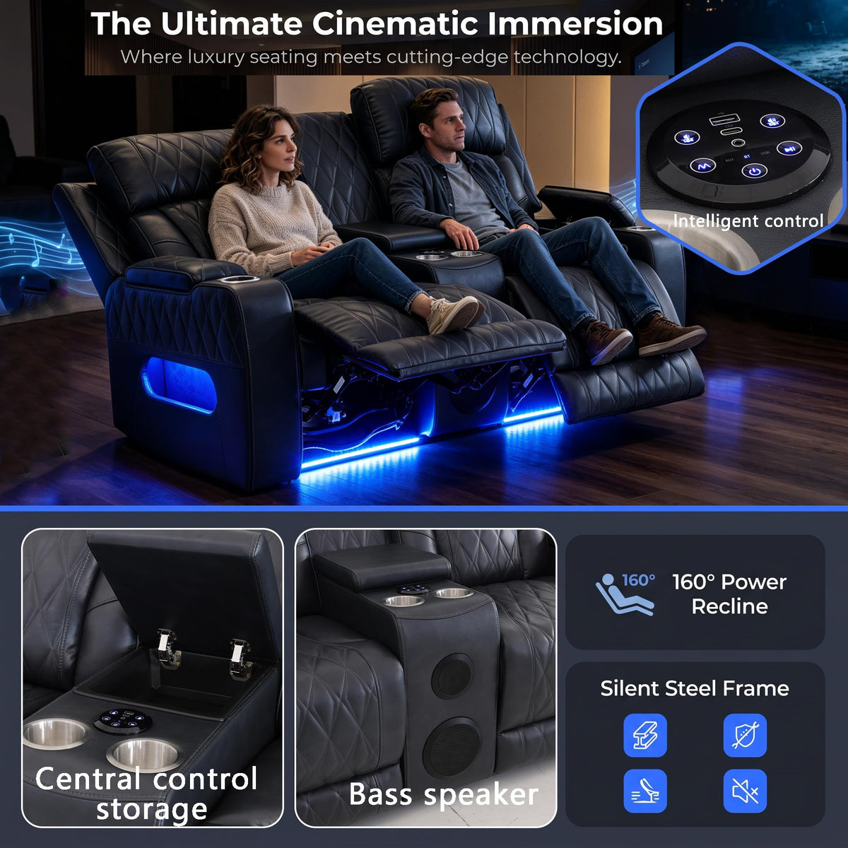 Power Recliner Sofa Set with Bass Speakers, Leather Power Reclining Sectional Couches, Multifunction Home Theater
